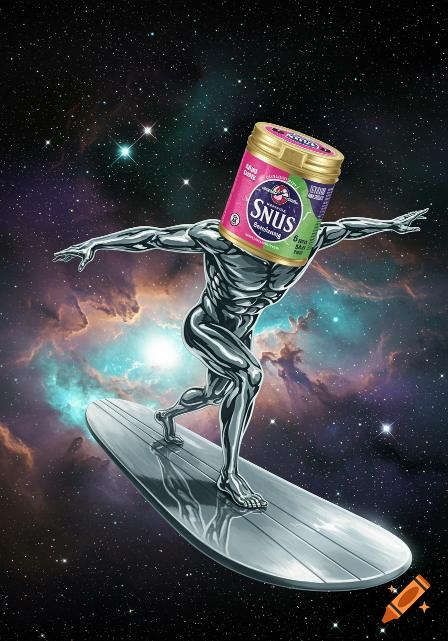A Silver Surfer-like character with a pink snus container for a head surfs on a silver board through a starry, cosmic background with nebulae.