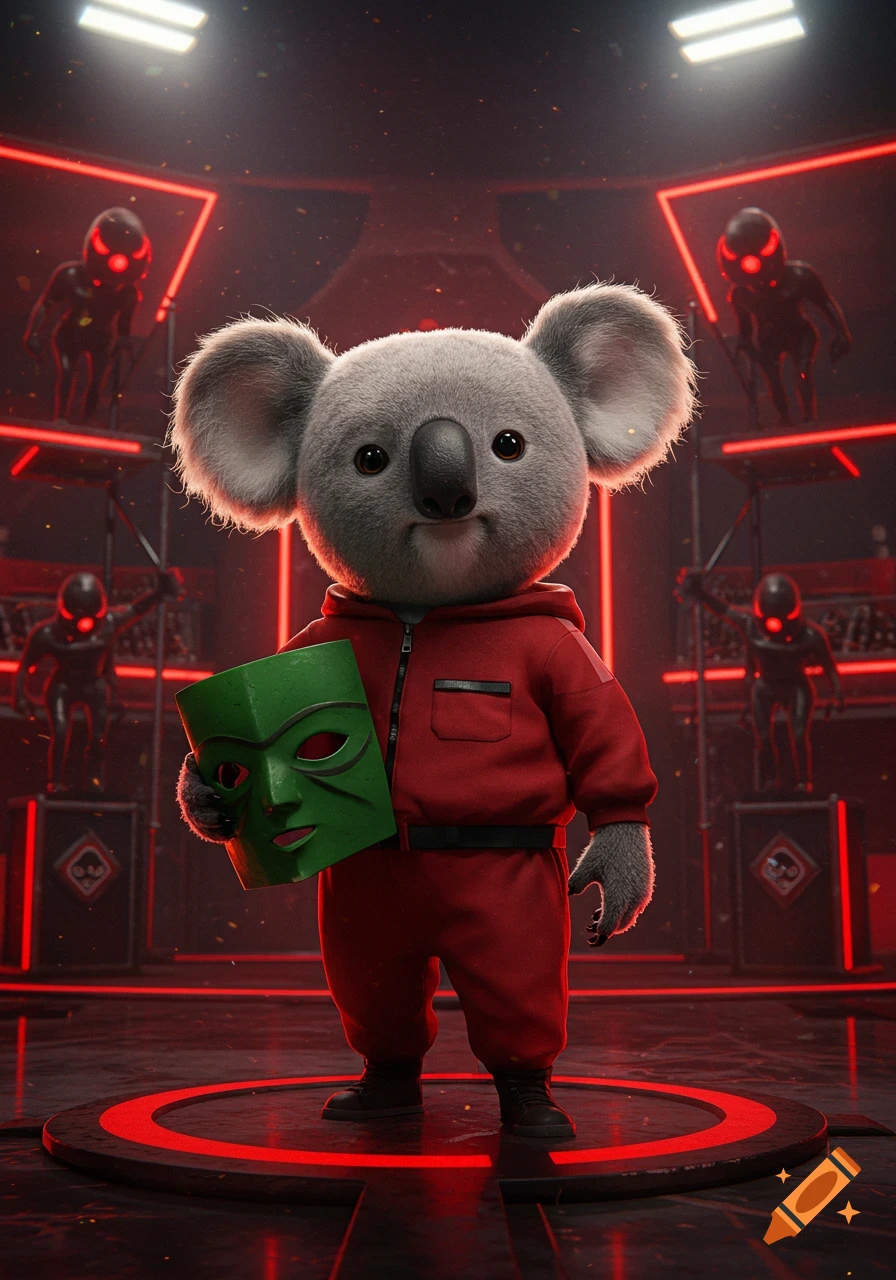 A cute koala in a red tracksuit holds a green mask in a dark room with red neon lights and shadowy figures, inspired by Squid Game.