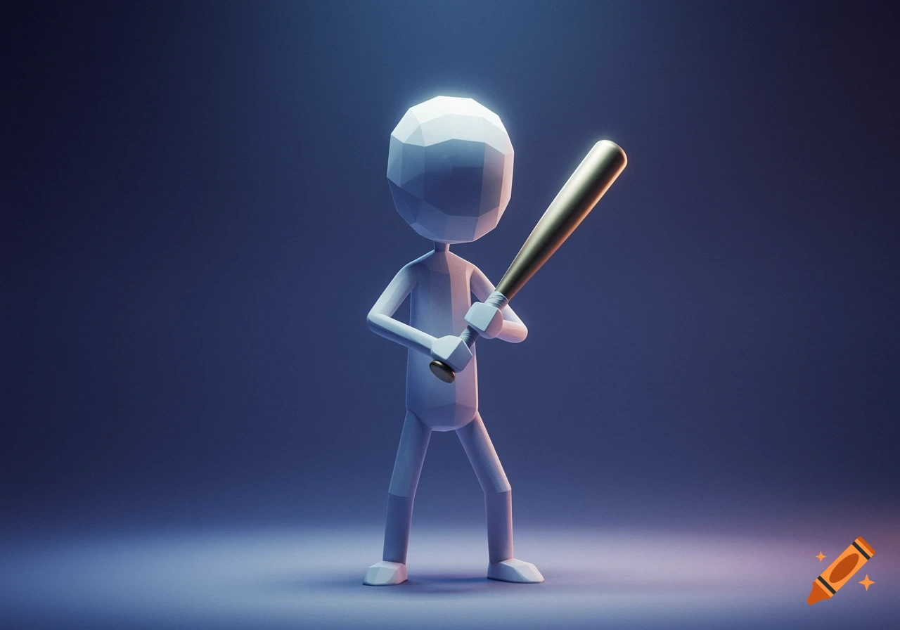 A low poly white character holding a golden baseball bat against a dark background with blue and red lighting.