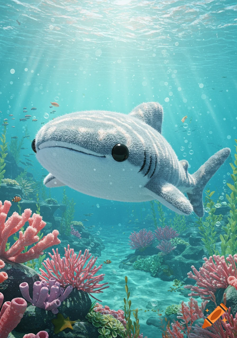 A fluffy, cartoonish whale shark swims in a vibrant, sunlit underwater scene with coral reefs and small fish.