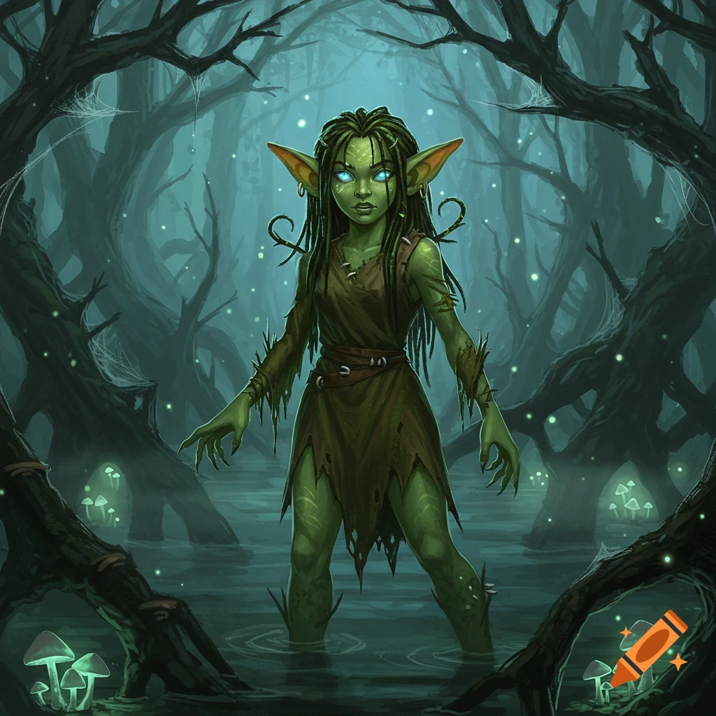 A young green-skinned goblin woman with glowing blue eyes stands in a dark, misty swamp surrounded by glowing mushrooms and fireflies.
