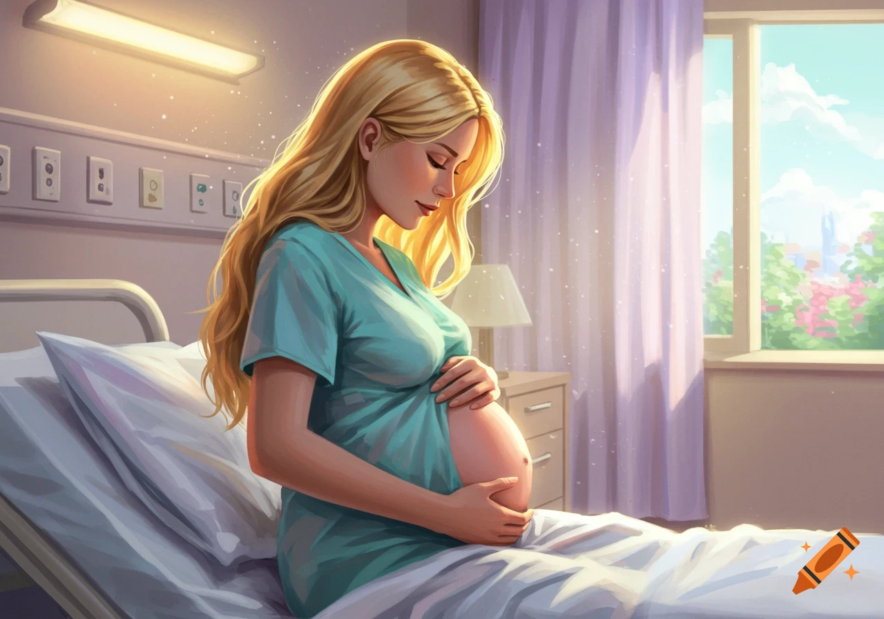 An illustrated pregnant woman with long blonde hair sits on a hospital bed, looking down and holding her belly.