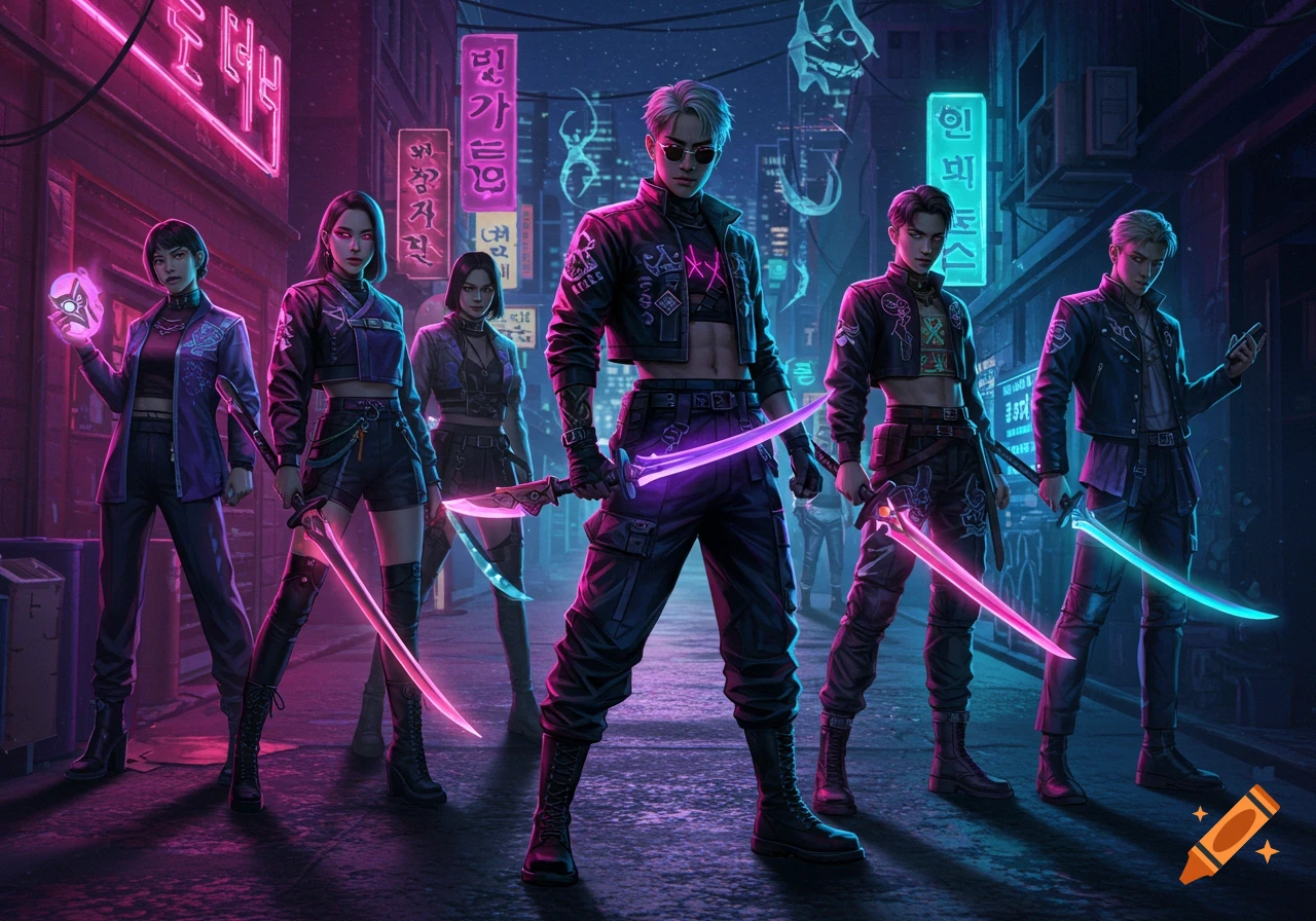 Six stylized figures in cyberpunk attire, holding glowing swords, stand on a neon-lit city street at night.