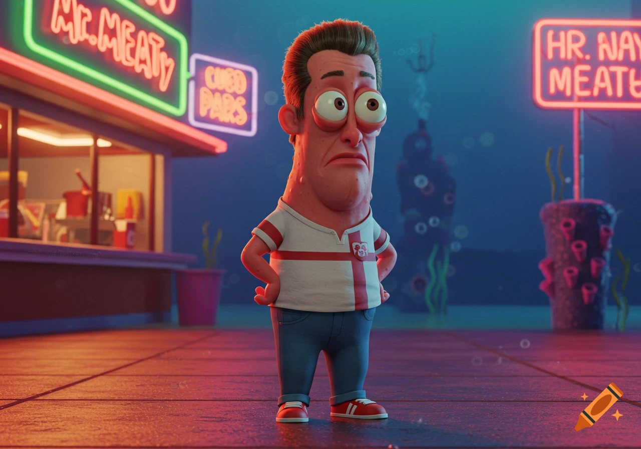 A stylized cartoon character, a man with wide eyes and a pained expression, stands in an underwater city lit by neon signs. He wears a white and red striped polo shirt and blue jeans.