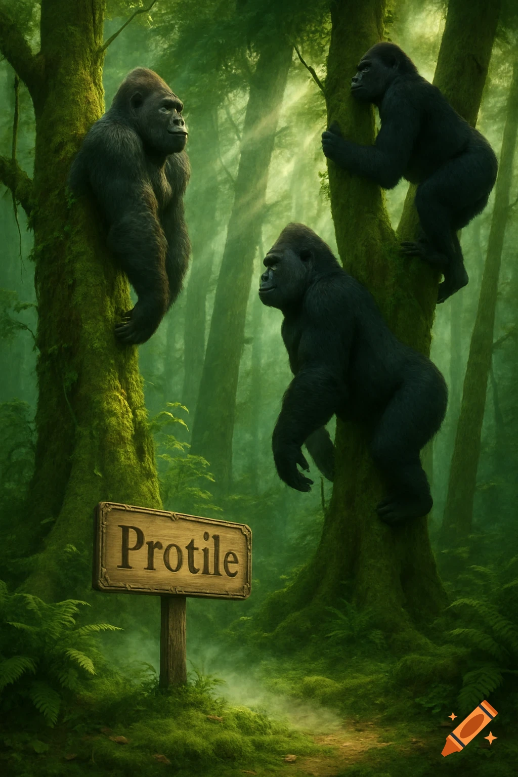 Three gorillas clinging to mossy trees in a lush, misty forest, with a wooden sign reading 'Protilo' at the bottom.