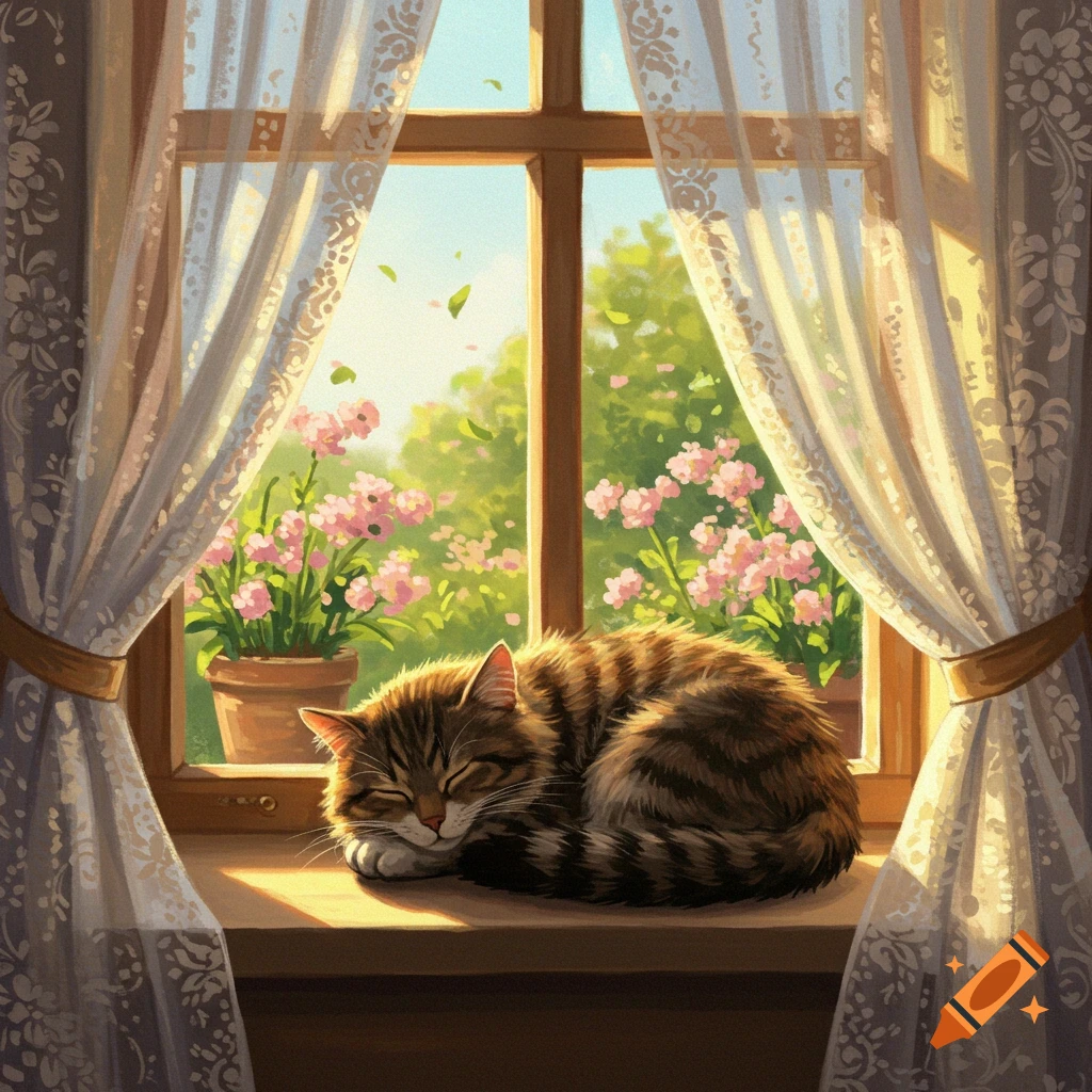 A tabby cat sleeps curled up on a sunlit window sill, surrounded by lace curtains and pots of pink flowers outside.