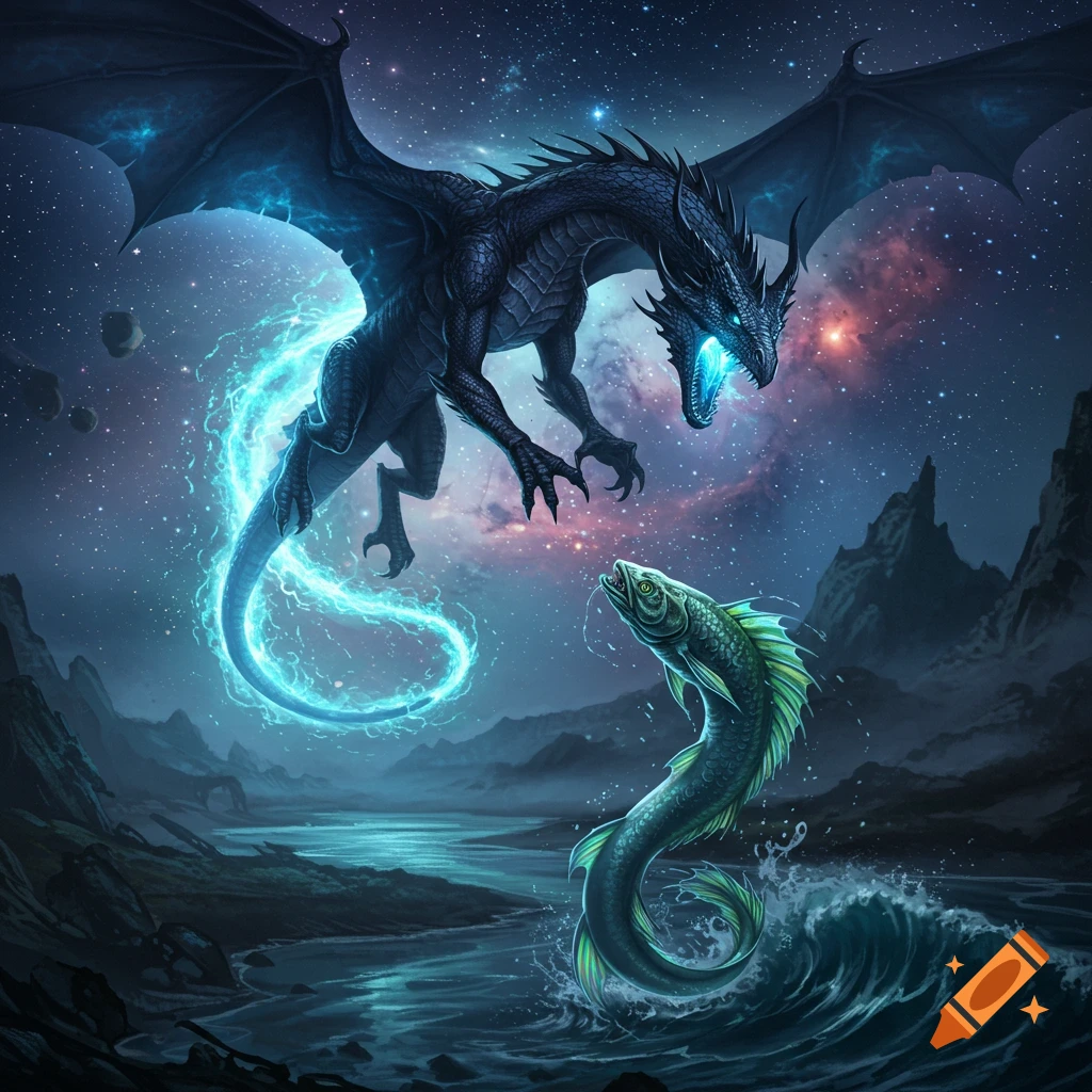 A dark dragon with glowing blue energy flies above a river, facing a large green fish monster leaping from the water. Starry night sky.