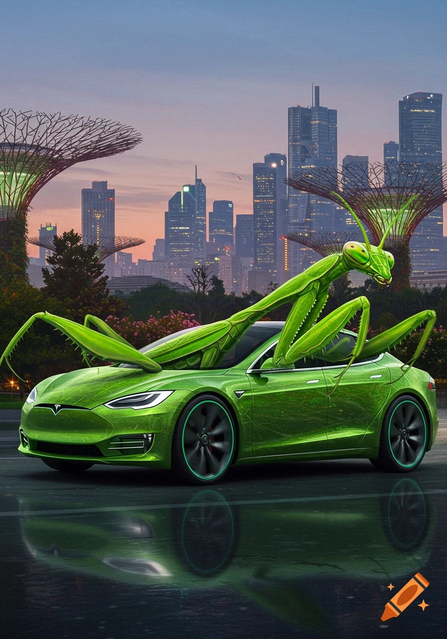 A giant green praying mantis sits on and in a matching green Tesla car, with a futuristic city skyline at dusk.