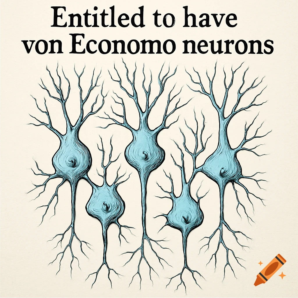 Stylized blue von Economo neurons with dendrites on a light background. Text reads: Entitled to have von Economo neurons.