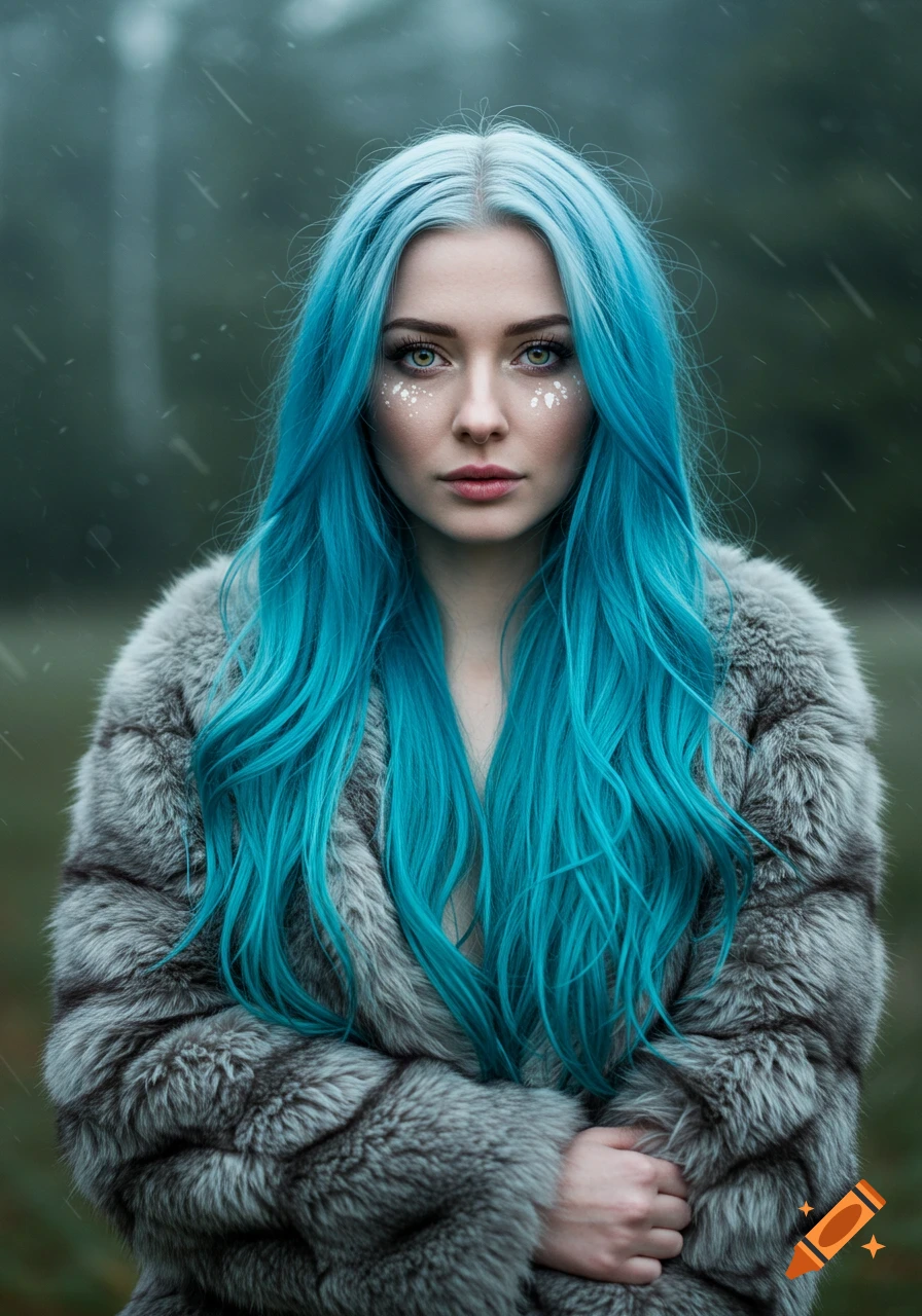 A woman with vibrant blue hair and speckled makeup wears a gray fur coat in a misty outdoor setting.