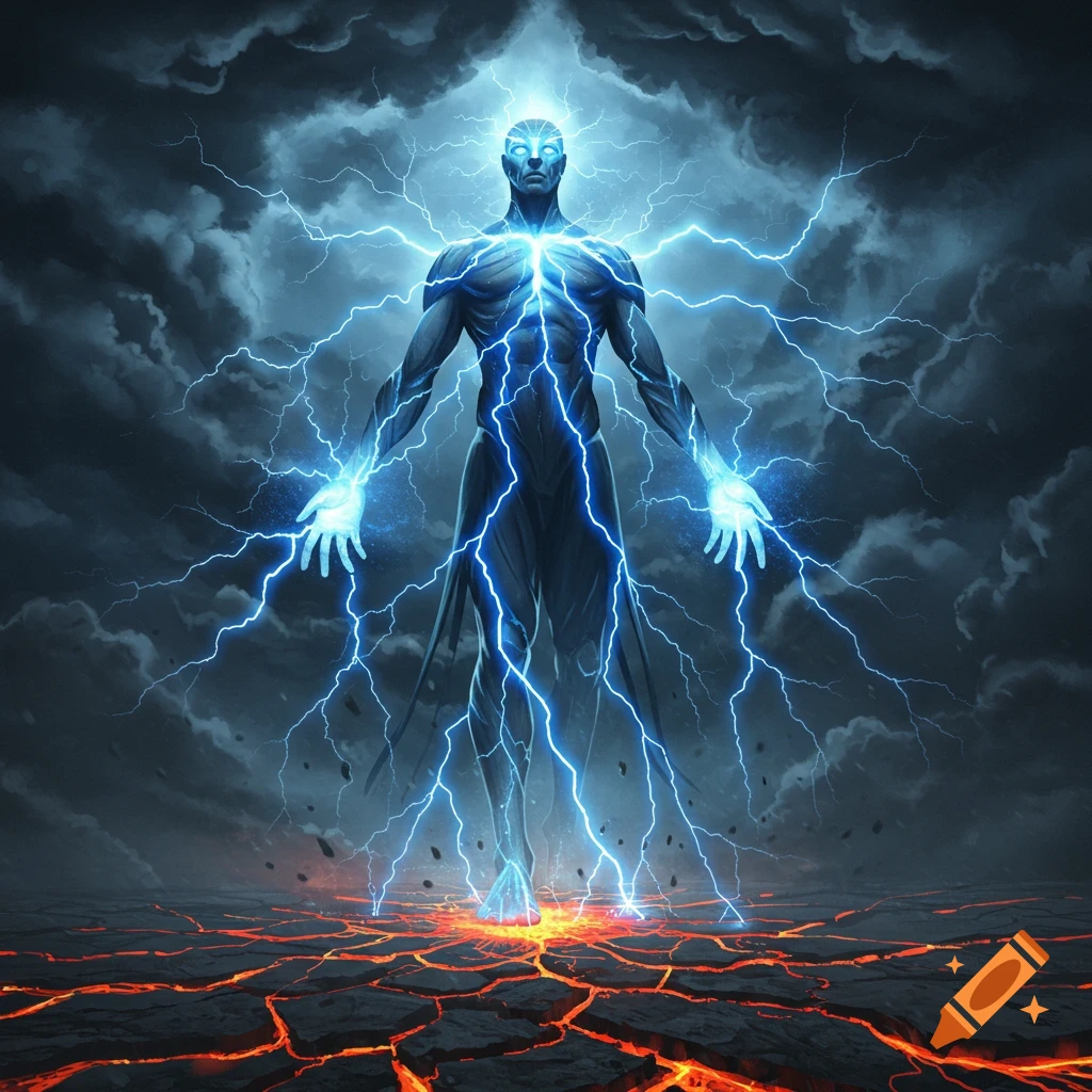 A glowing blue lightning being standing on cracked, glowing ground under a stormy sky, digital art.