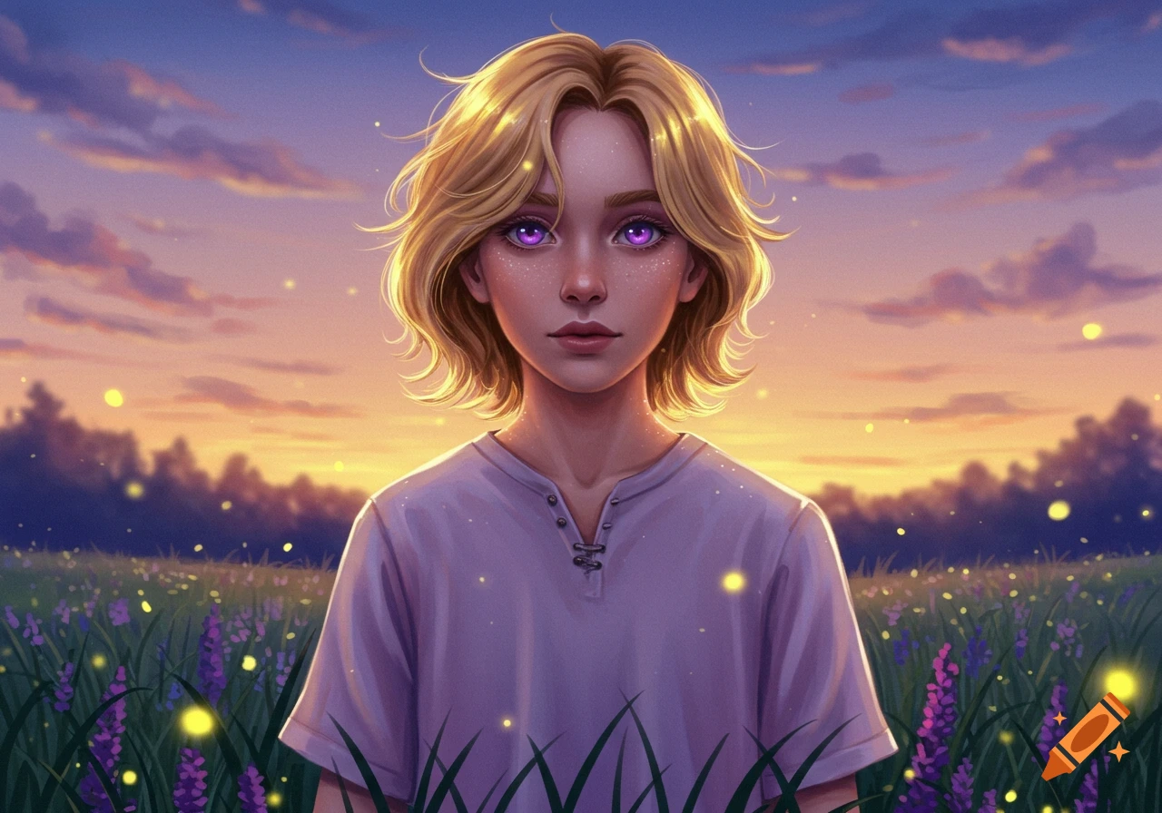 A blonde character with glowing purple eyes stands in a field of purple flowers and fireflies at sunset in a digital painting.