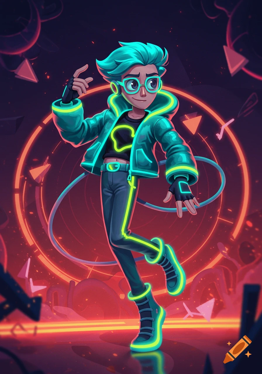 A vibrant cartoon character with glowing teal hair and neon green attire stands against a dark, futuristic background with a large orange glowing ring.