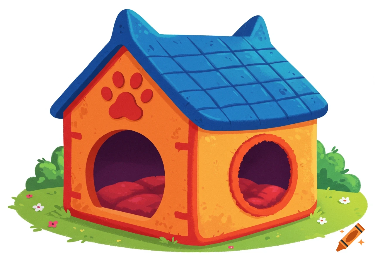 A cheerful, colorful cartoon cat playhouse with a blue cat-ear roof, orange walls, red paw print, and two cozy entrances on green grass.