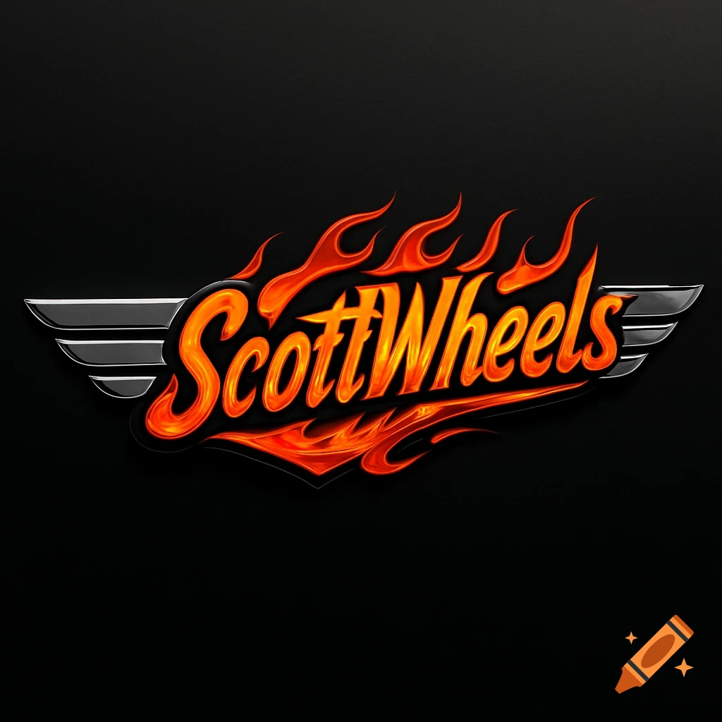 A fiery, stylized logo reading 'ScottWheels' in orange and red flames, flanked by silver metallic wings on a black background.