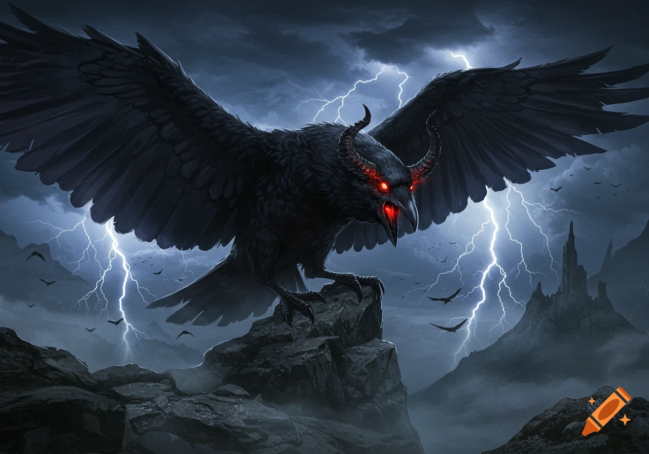 A large, horned black crow with glowing red eyes perches on rocks, wings spread, against a stormy sky with lightning and a distant dark castle.