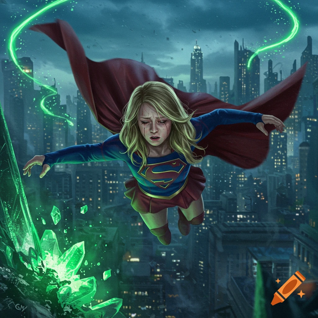Supergirl, with tears on her face, is suspended in the air over a dark city, surrounded by glowing green kryptonite.