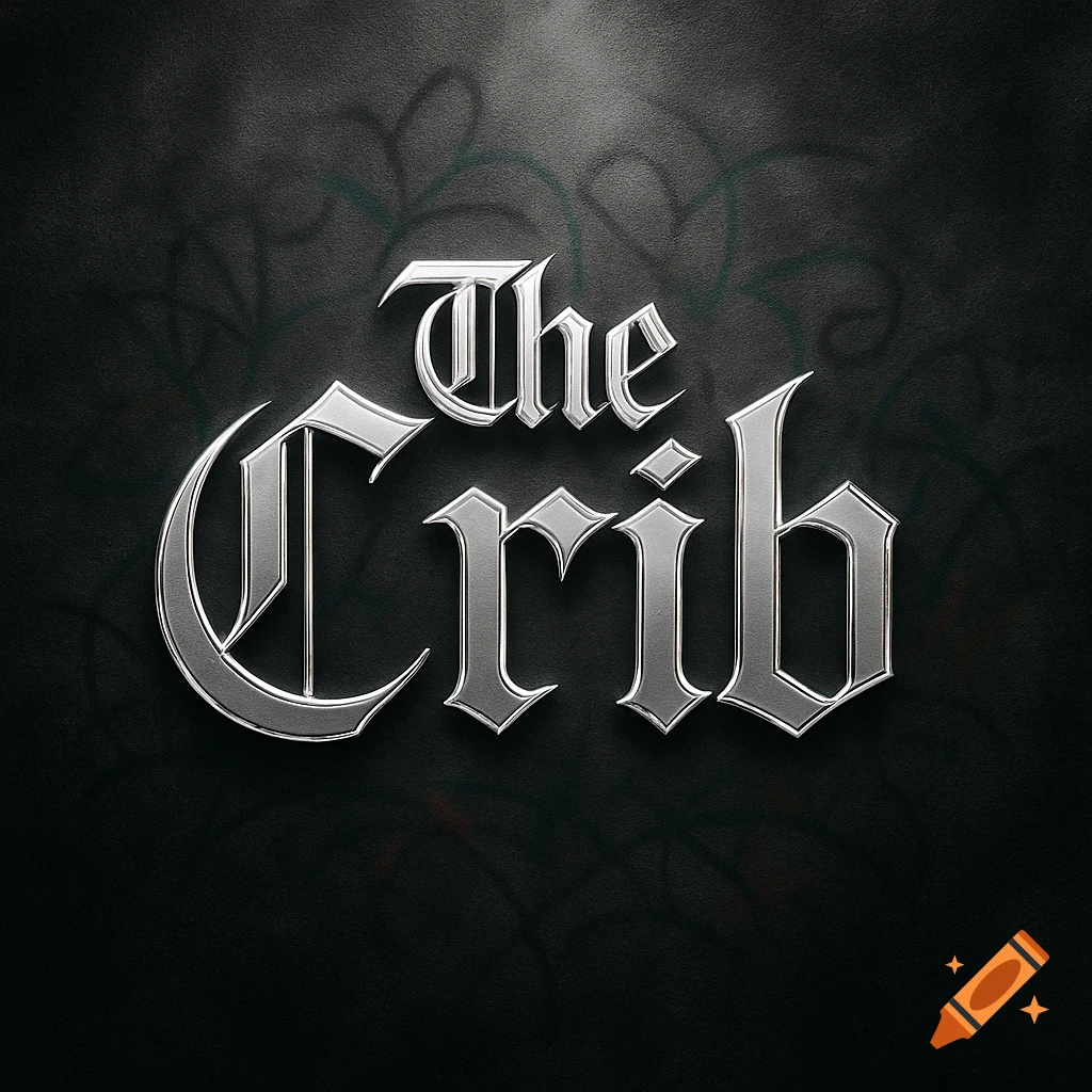 Ornate silver metallic text 'The Crib' on a dark, subtly textured background.