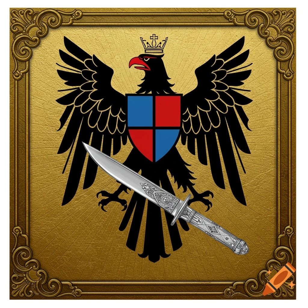 A regal crest featuring a black eagle with a crown, a red and blue shield on its chest, and a silver dagger in front, all set within an ornate golden frame.