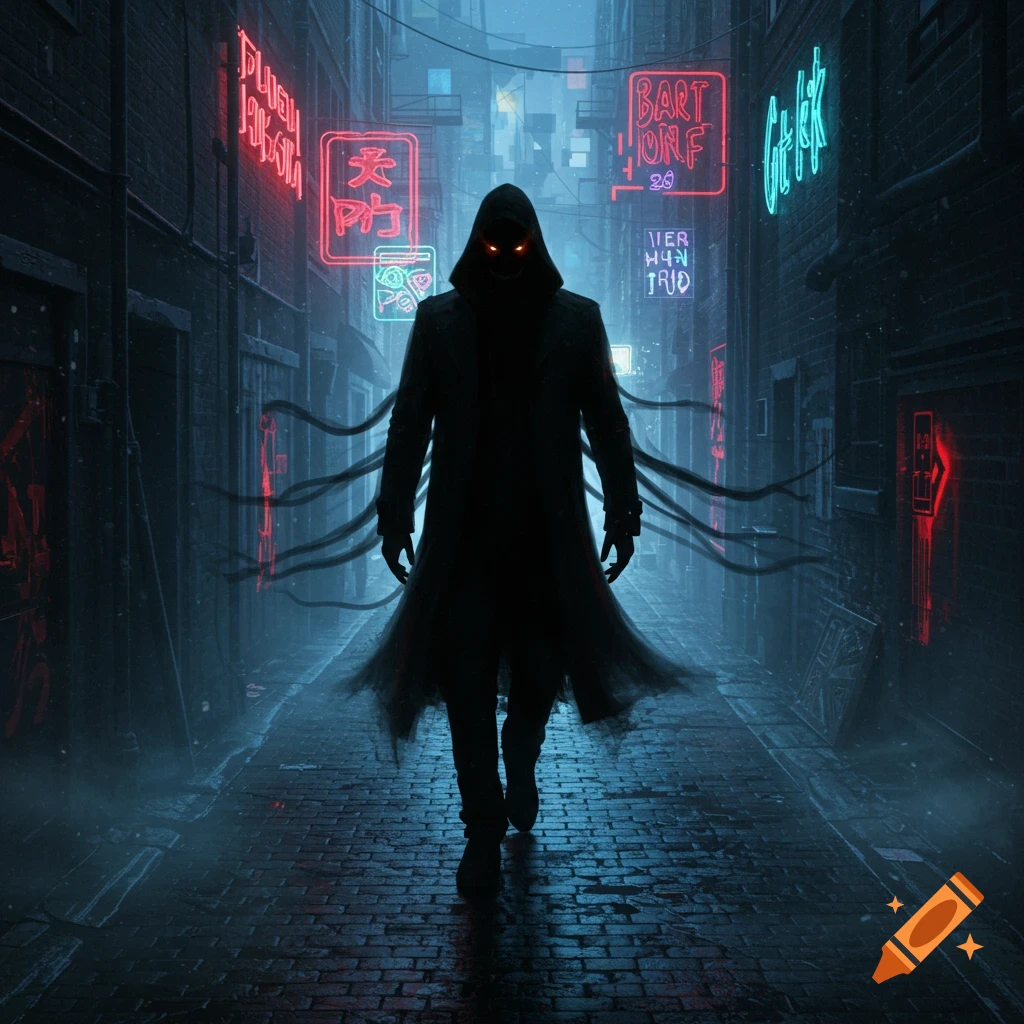 A dark hooded figure with glowing red eyes walks down a wet, neon-lit alleyway, shadowy tendrils trailing behind.