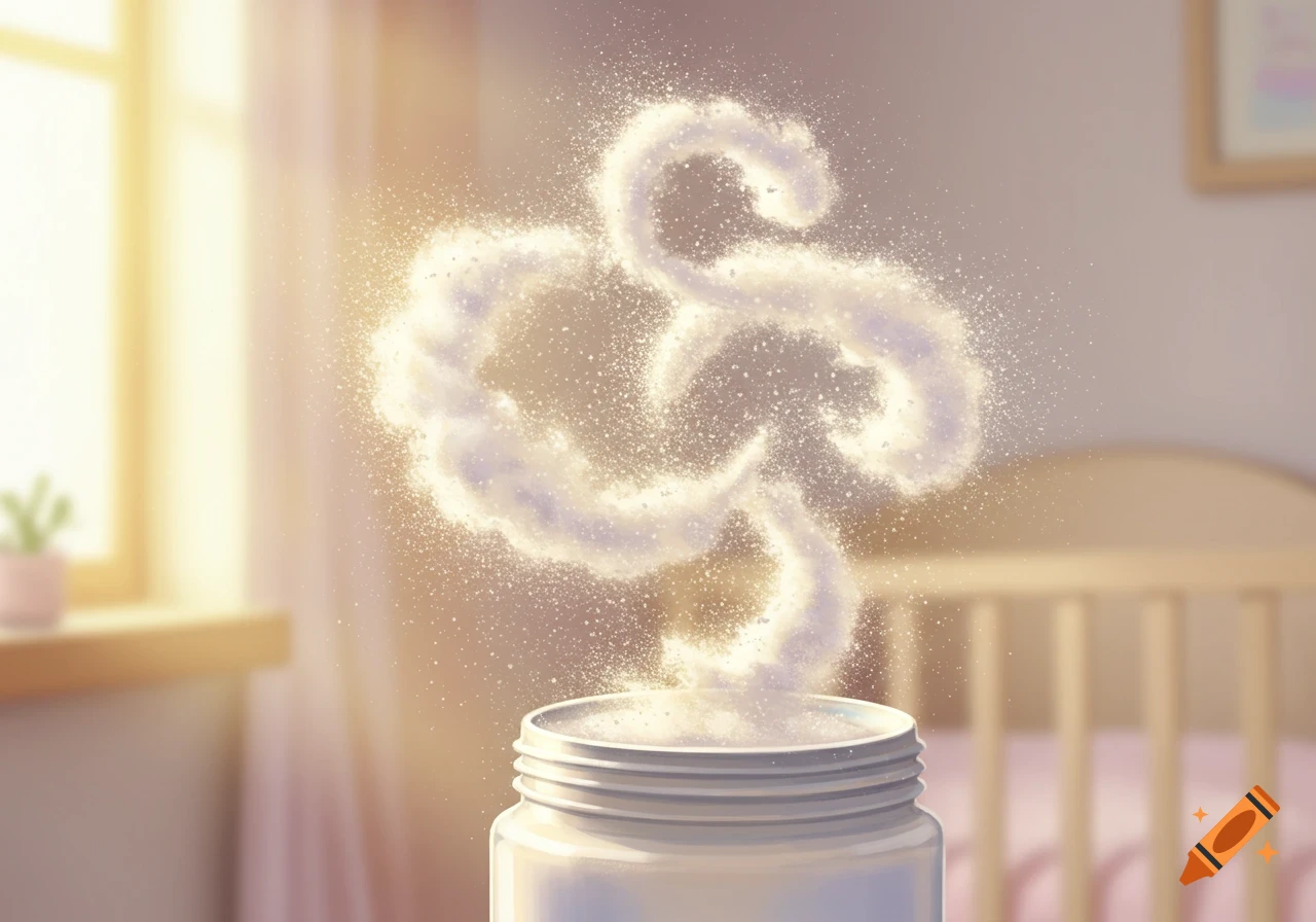 Baby powder mist rising from an open jar, forming a swirling shape in a softly lit nursery with a crib.