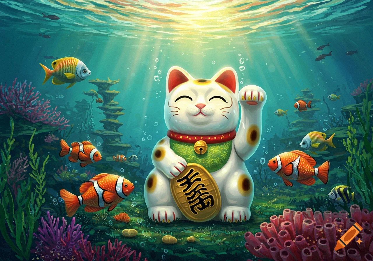 A cheerful Maneki-neko lucky cat sits on the seabed, surrounded by colorful fish and coral, with light rays piercing the water.