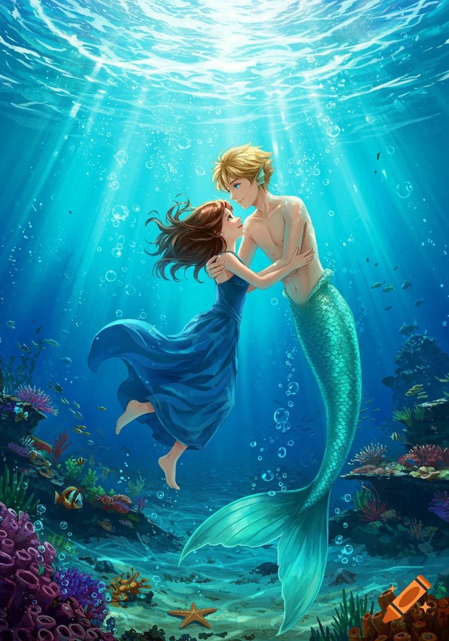 An anime-style illustration of a brown-haired girl in a blue dress embracing a blond merman underwater, surrounded by coral and sunlight.
