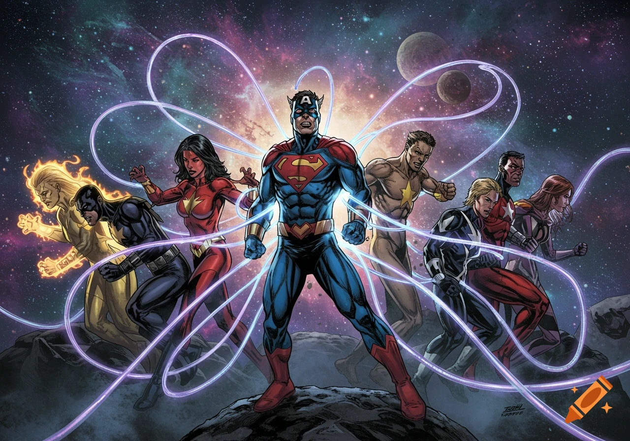 A team of diverse superheroes in comic book style, standing powerfully with glowing energy lines around them against a cosmic, starry background.