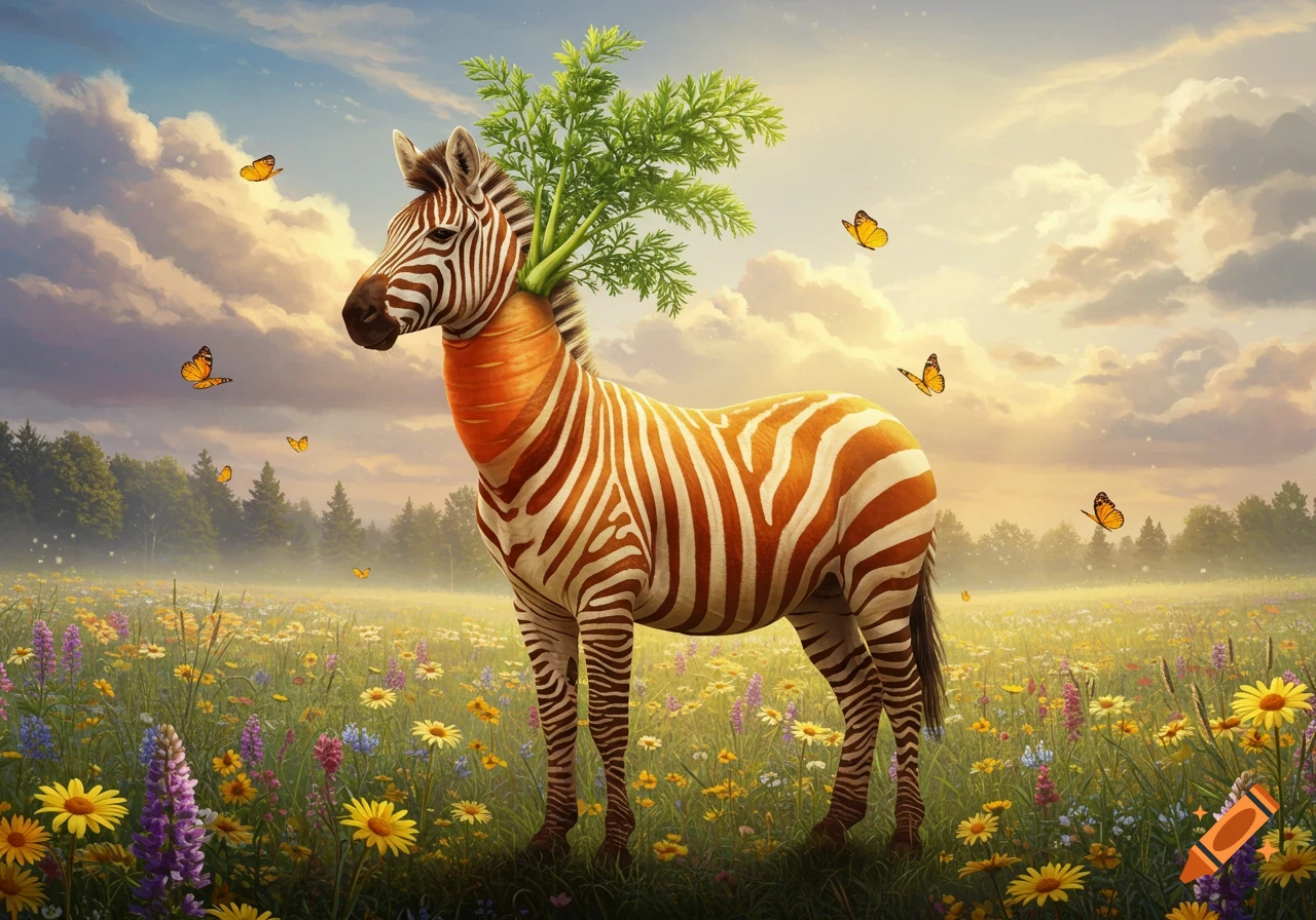 A zebra with a carrot neck and leafy mane stands in a field of colorful wildflowers under a cloudy sky.