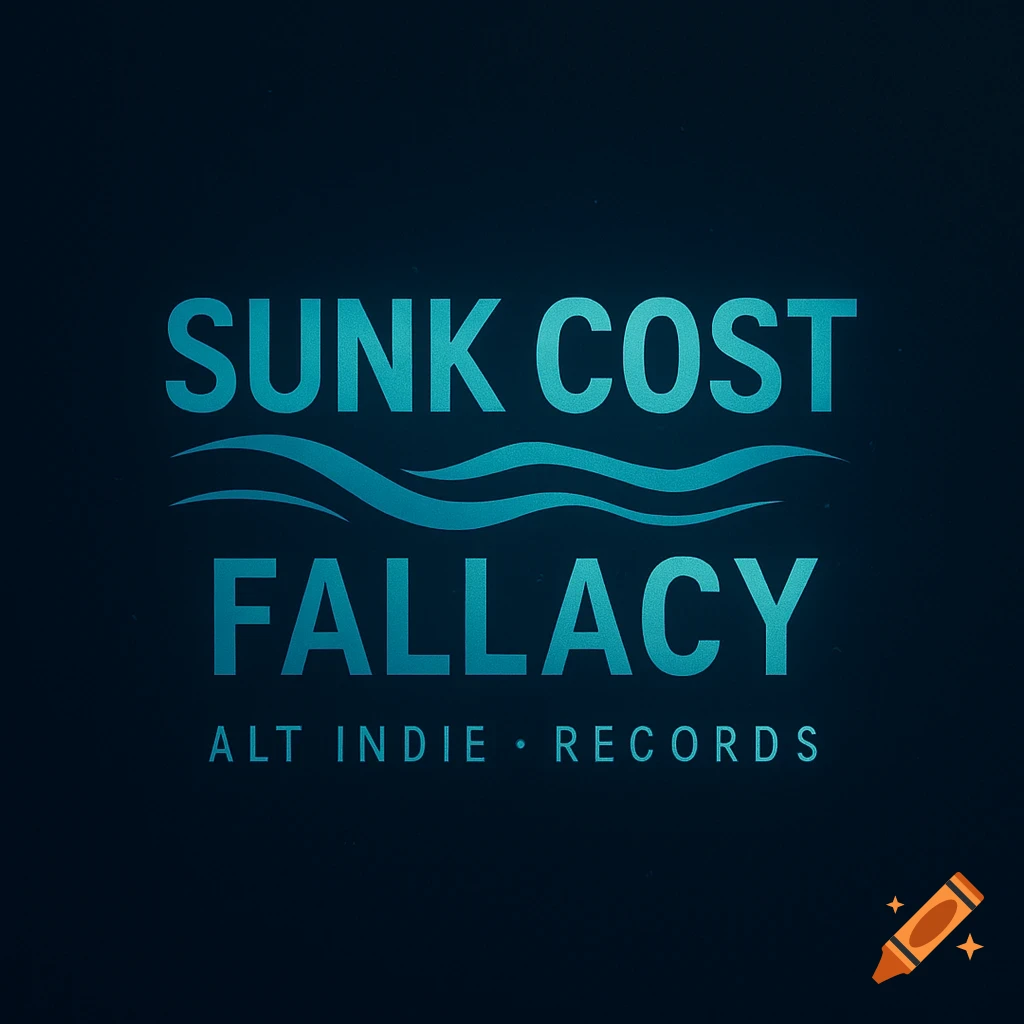 A logo for Sunk Cost Fallacy featuring blue gradient text with wavy lines on a dark background, for an alt indie record label.