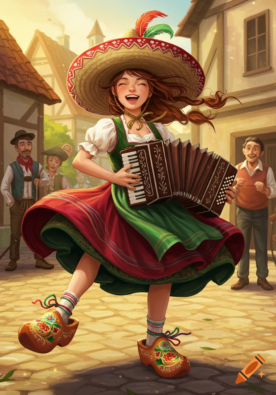 A young woman in a Dirndl, sombrero, and Dutch clogs joyfully plays an accordion in a bustling village square.
