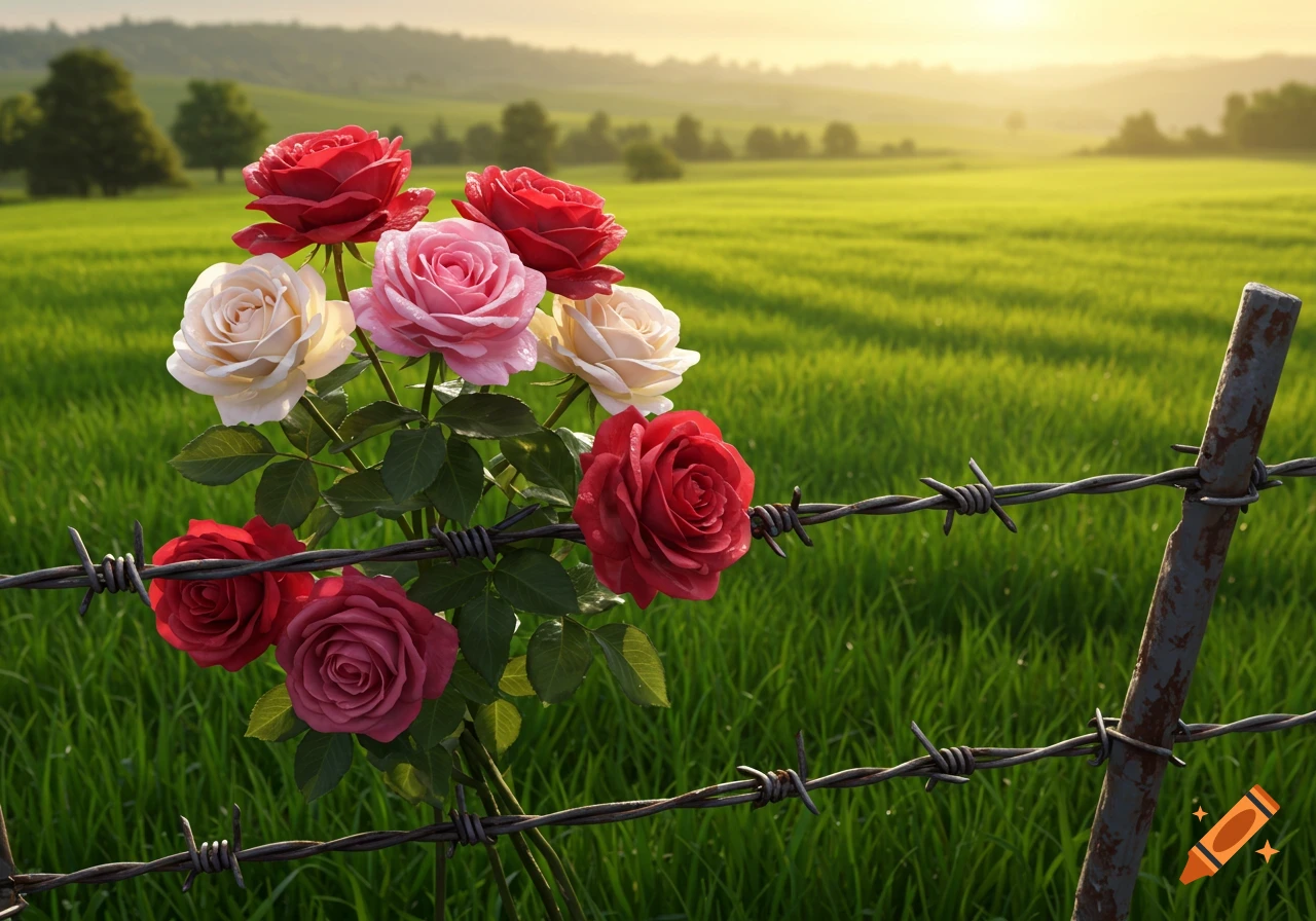 Bouquet of red, pink, and white roses tangled in barbed wire in a vibrant green field at sunrise, photorealistic.