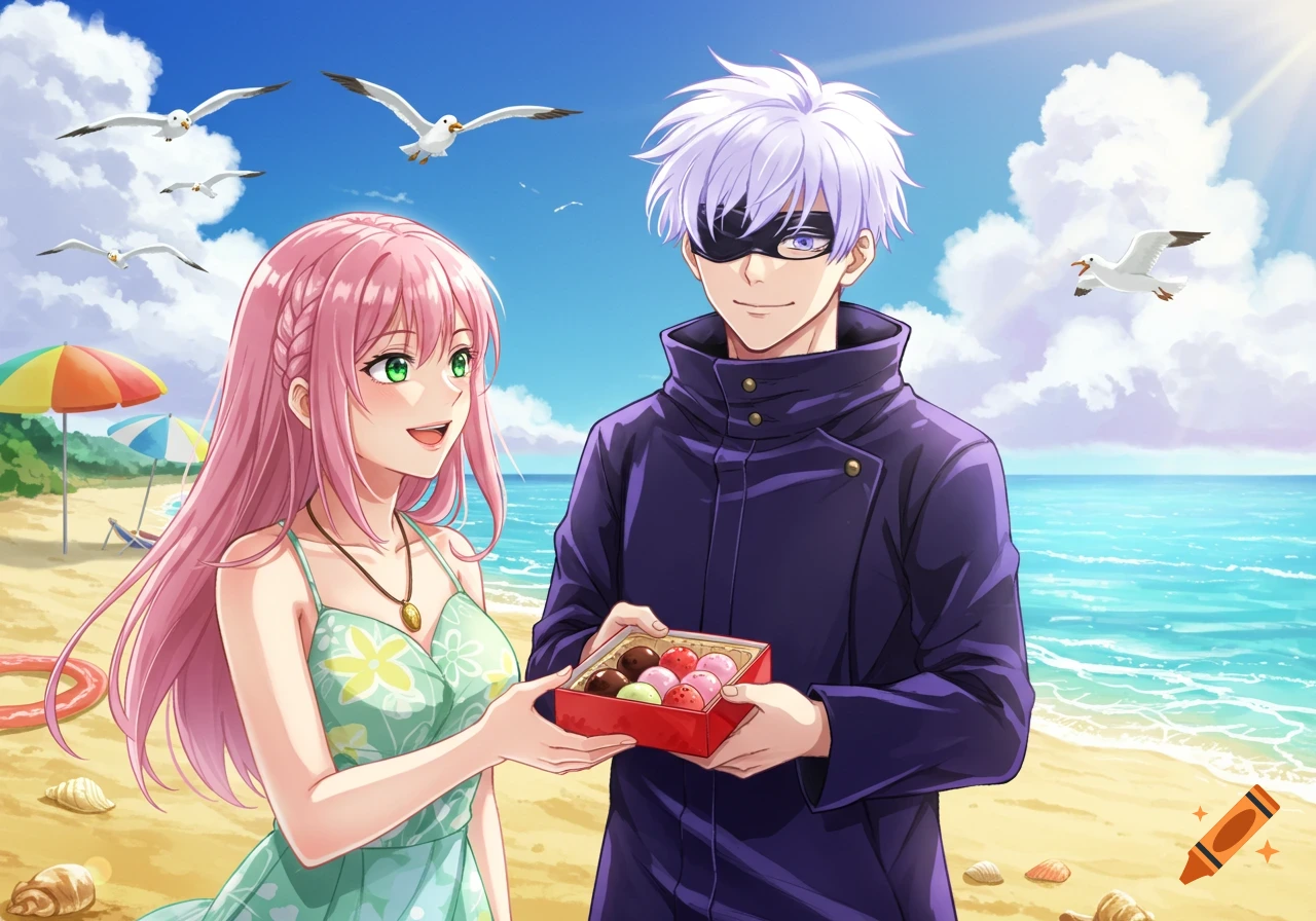 Anime man with white hair and woman with pink hair on a sunny beach, sharing a box of mochi.