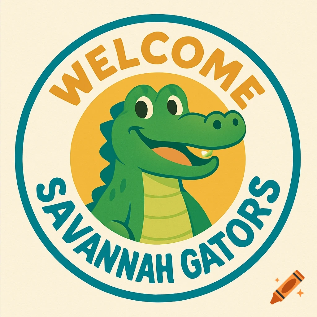 A circular logo featuring a smiling cartoon alligator within a yellow circle, bordered by text that reads 'WELCOME SAVANNAH GATORS'.