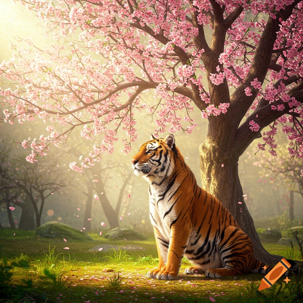 A photorealistic tiger sits peacefully under a blooming cherry blossom tree with falling petals and golden light.