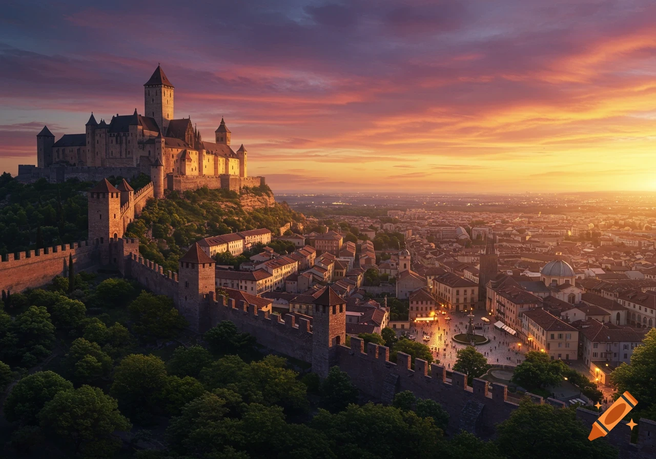 Photorealistic sunset view of a majestic castle atop a hill, overlooking a sprawling city with ancient walls.