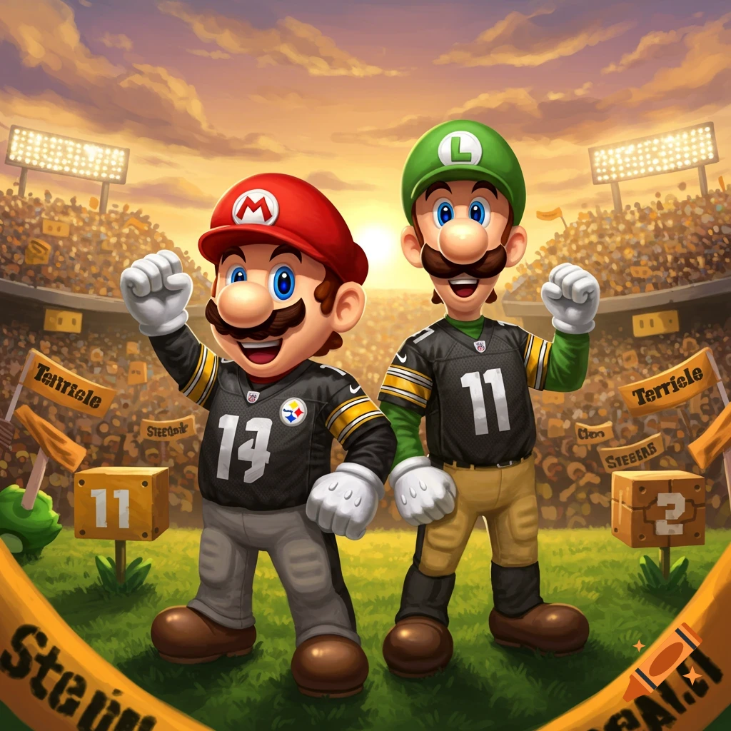 Mario and Luigi, wearing Pittsburgh Steelers football jerseys, cheer in a packed stadium at sunset.