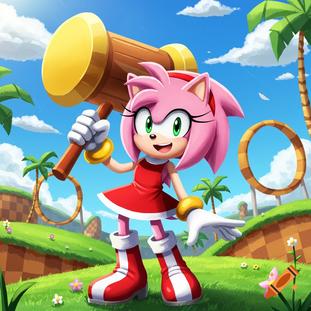 Amy Rose, a pink hedgehog in a red dress, holds a large golden hammer in a bright, green landscape with palm trees and golden rings, in a cartoon style.