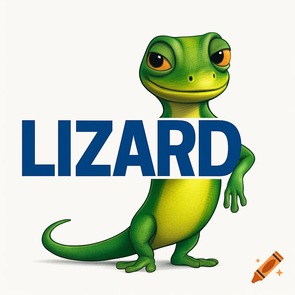 A cartoon green lizard stands with the word LIZARD in blue text across its body on a white background.