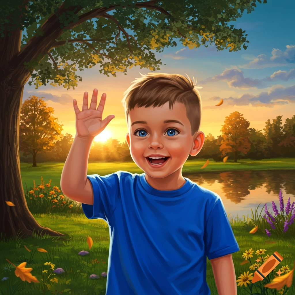 A cute illustrated boy with a blue shirt waves, standing in a vibrant park with a lake and large tree at sunset.