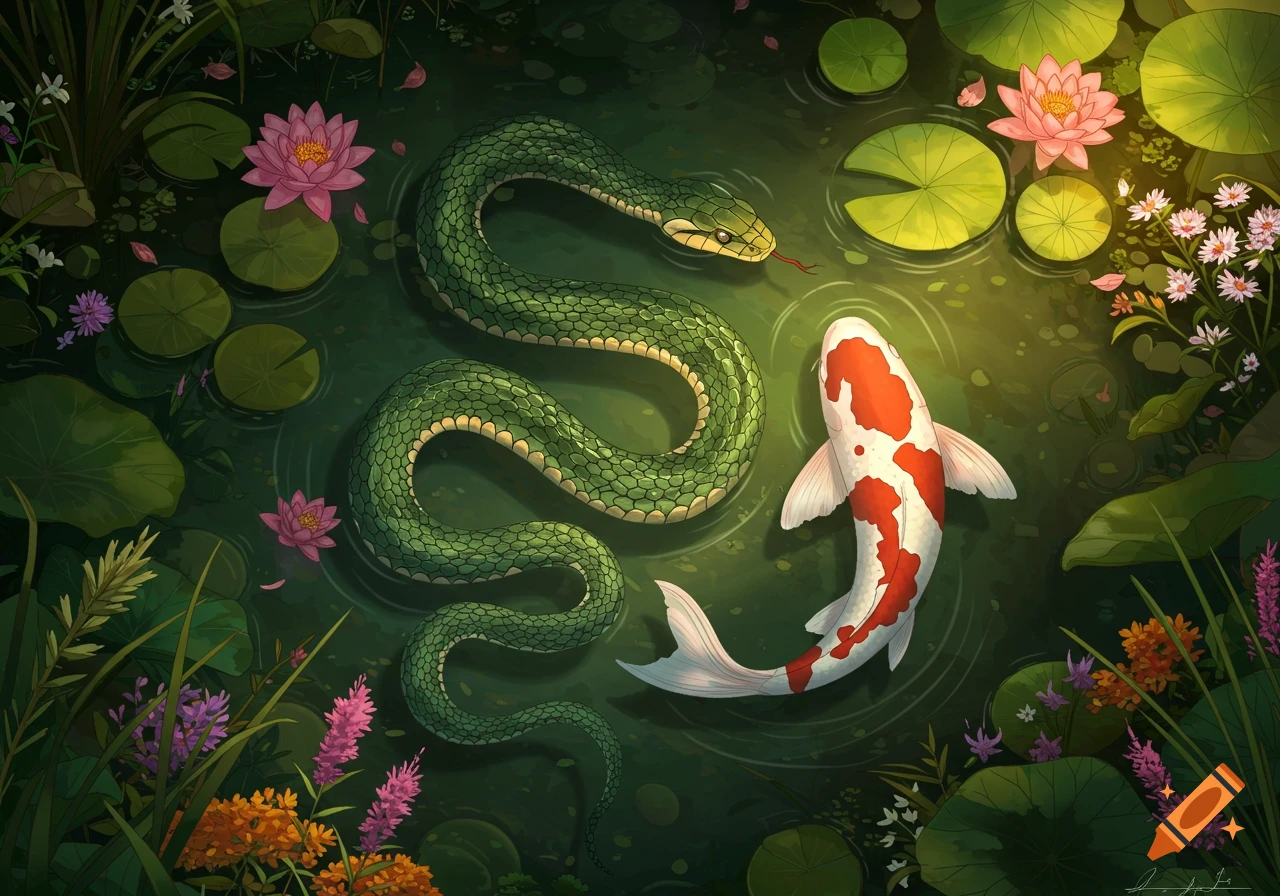 A green snake and a white and red koi fish swim in a dark green pond with pink lotus flowers and lily pads in an illustrative style.