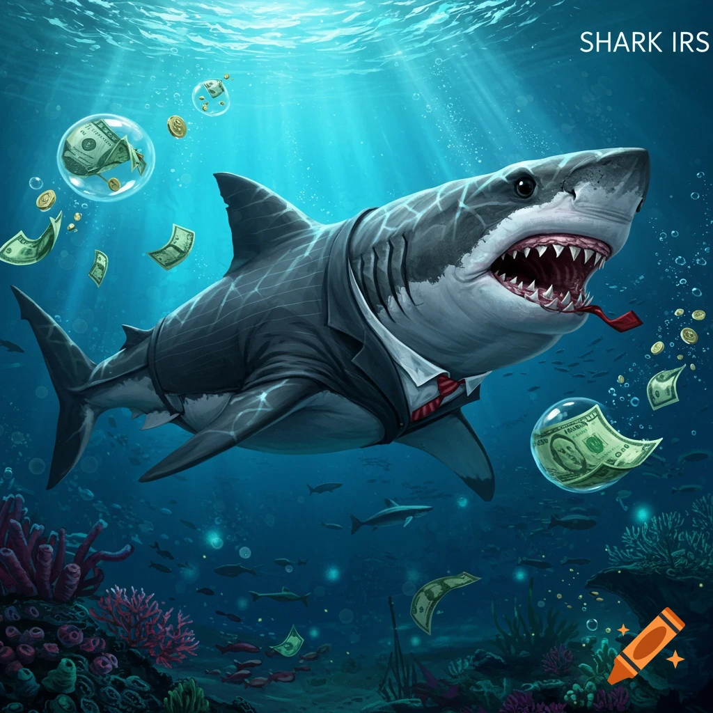 An illustration of a great white shark wearing a pinstripe suit and red tie, swimming underwater among dollar bills and coins. The text "SHARK IRS" is in the top right corner.