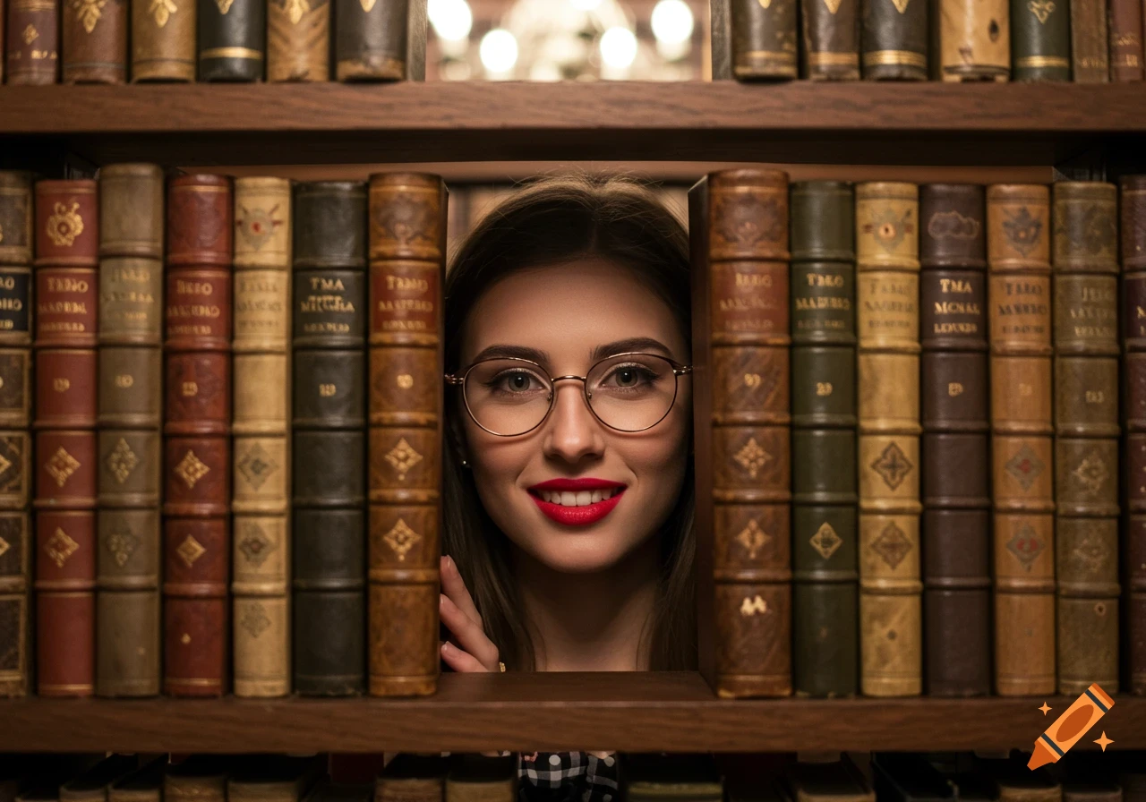 A woman's face with glasses and red lipstick peeking through a gap in a bookshelf in a library. Photorealistic style.