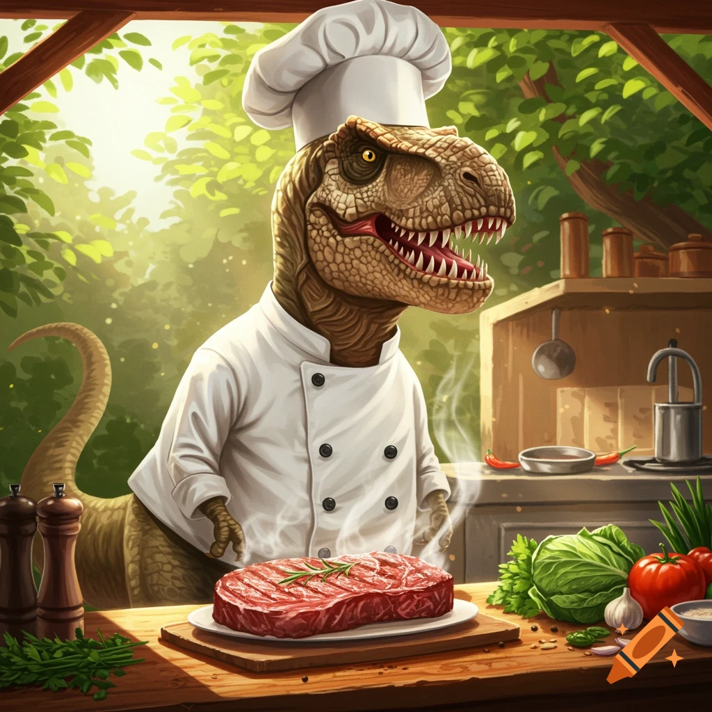 A T-rex wearing a chef's hat and coat cooks a large steak on a wooden counter in an outdoor kitchen with lush green trees in the background.