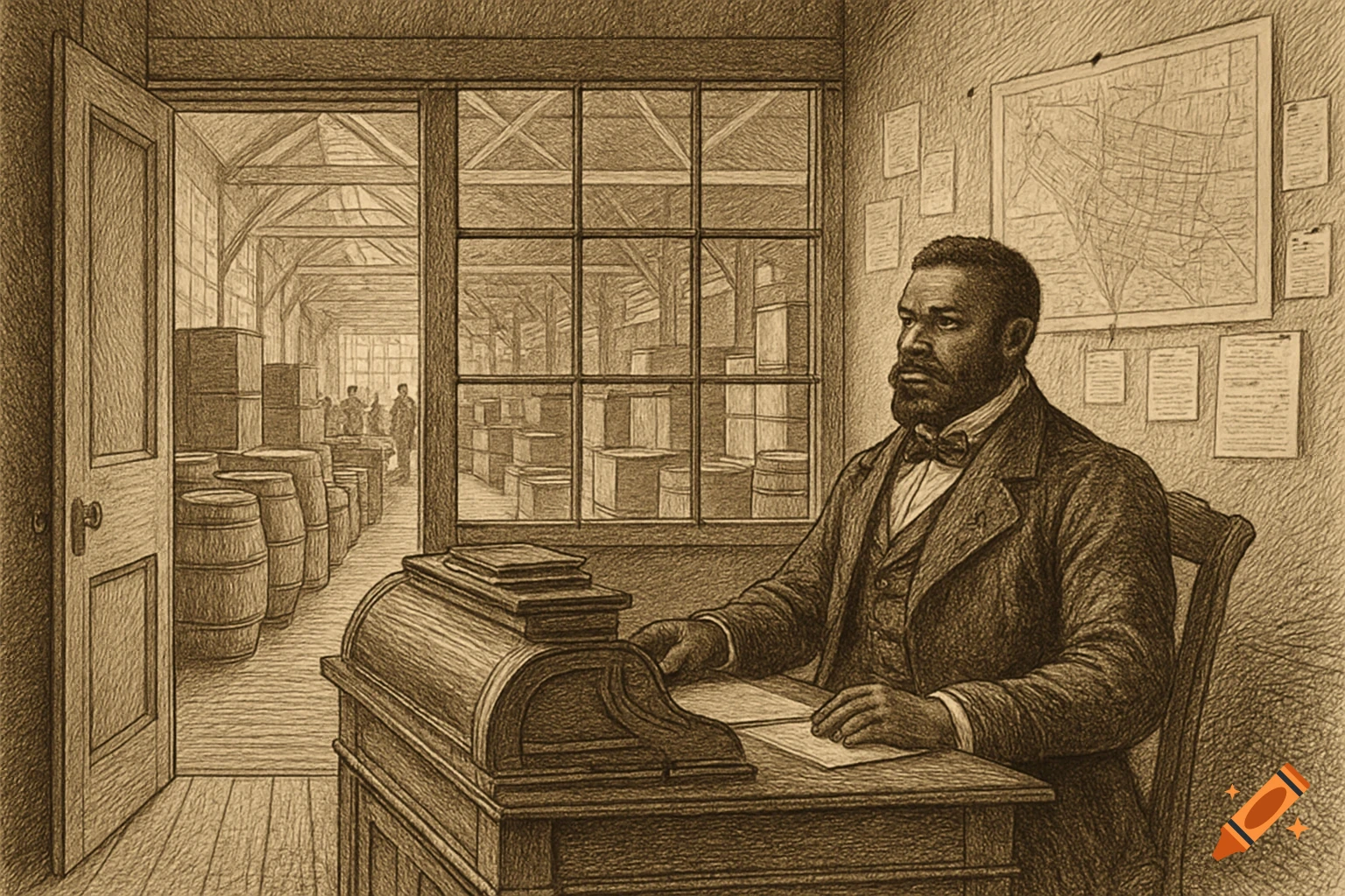 A sepia-toned 1840s style illustration of a man with a beard sitting at a rolltop desk in an office overlooking a warehouse.