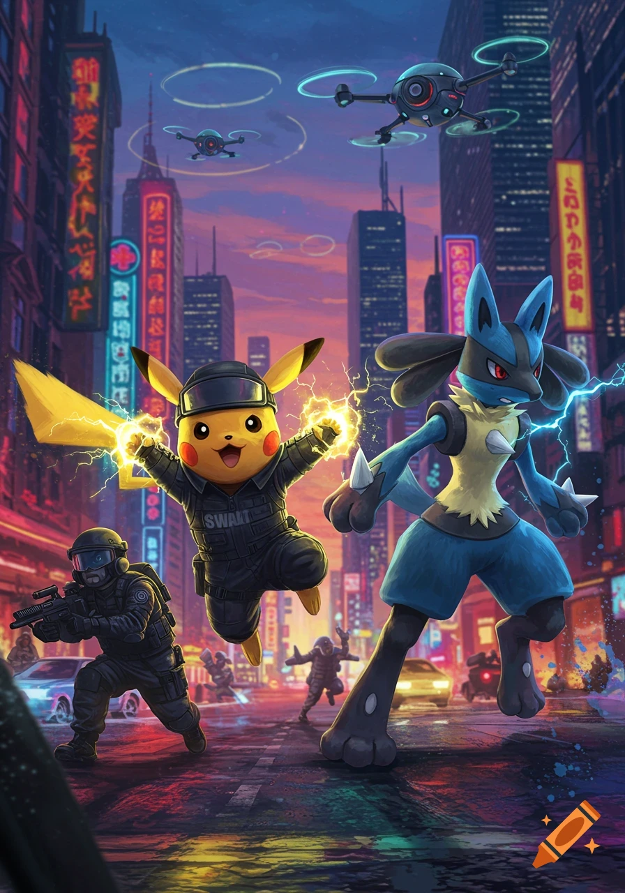 Pikachu in SWAT gear with electric powers, Lucario, and a human SWAT officer run down a neon-lit futuristic city street.