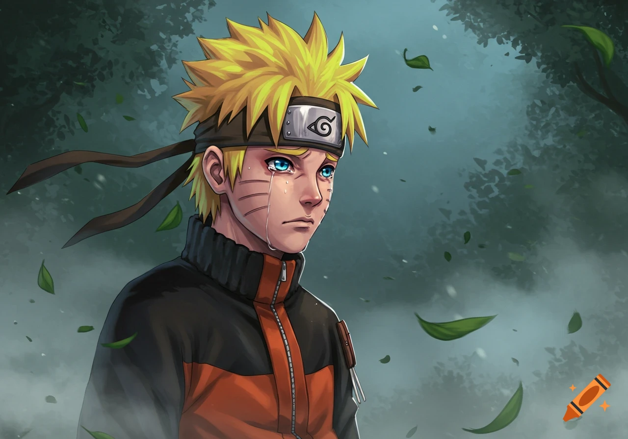 Anime character Naruto with blonde spiky hair and blue eyes crying, wearing an orange and black jacket, with leaves falling in a blurry forest background.