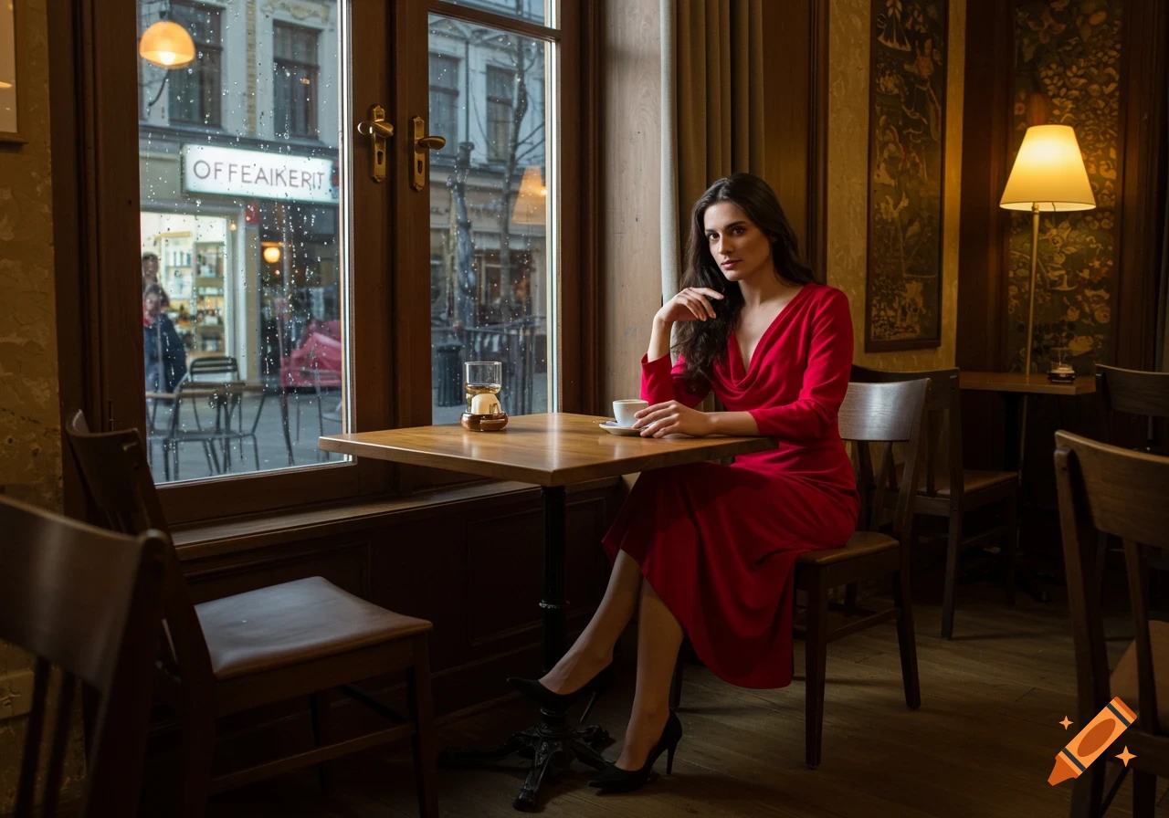 A woman in a red dress sits at a table in a cafe, looking towards the viewer. Rain streaks down the window beside her.