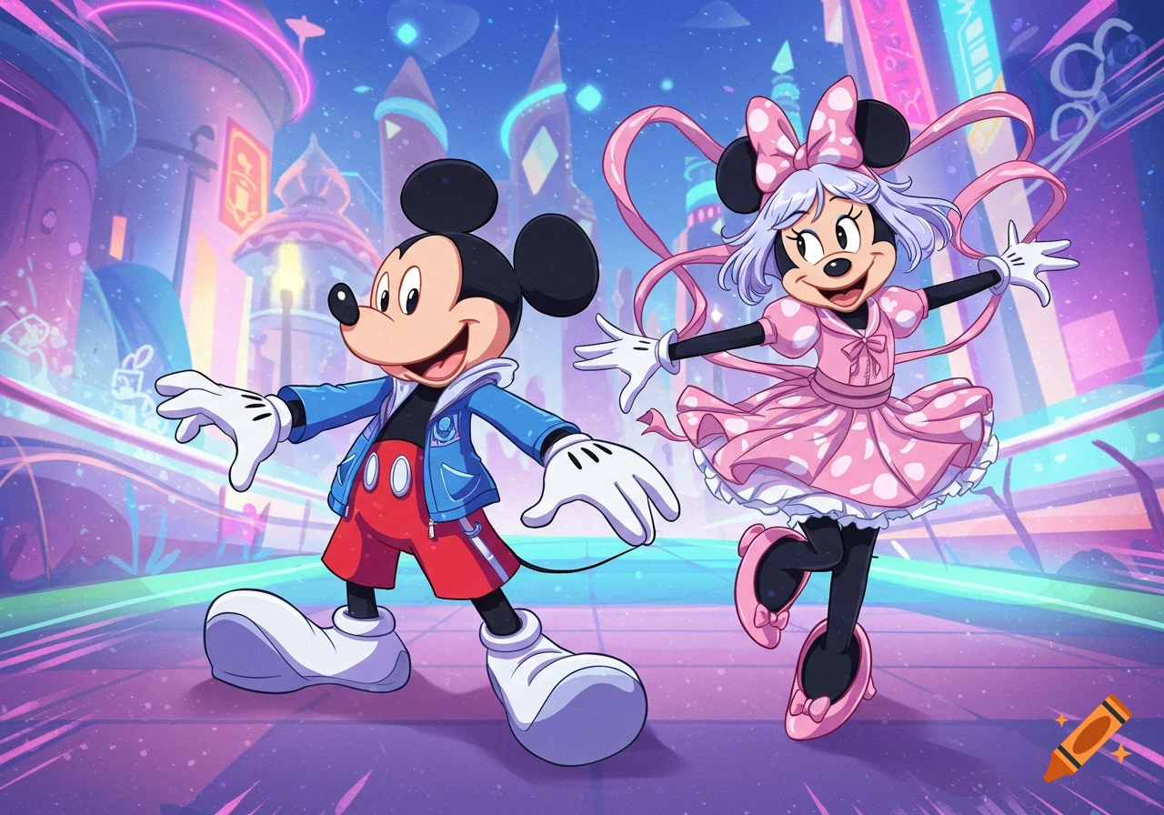 Mickey Mouse in a blue jacket and Minnie Mouse in a pink dress with light hair, both in anime style, smile in a vibrant, neon-lit city.