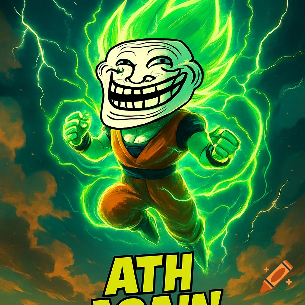 A Troll Face meme character with a green Super Saiyan aura and lightning, floating, with the text 'ATH AGAIN'.